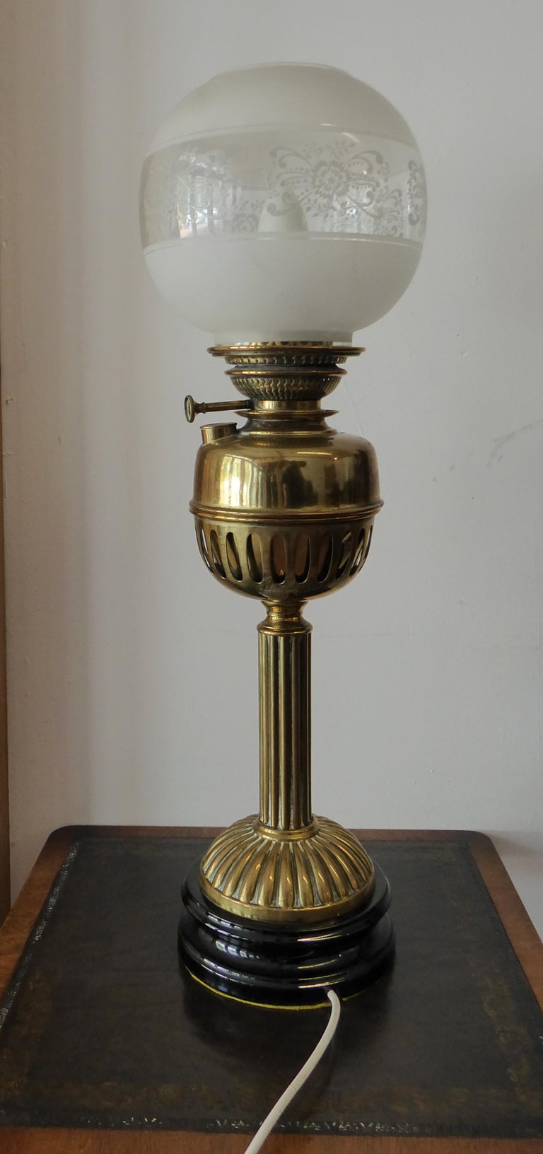 Antique Brass Paraffin Lamp Converted to Electric For Sale at 1stDibs