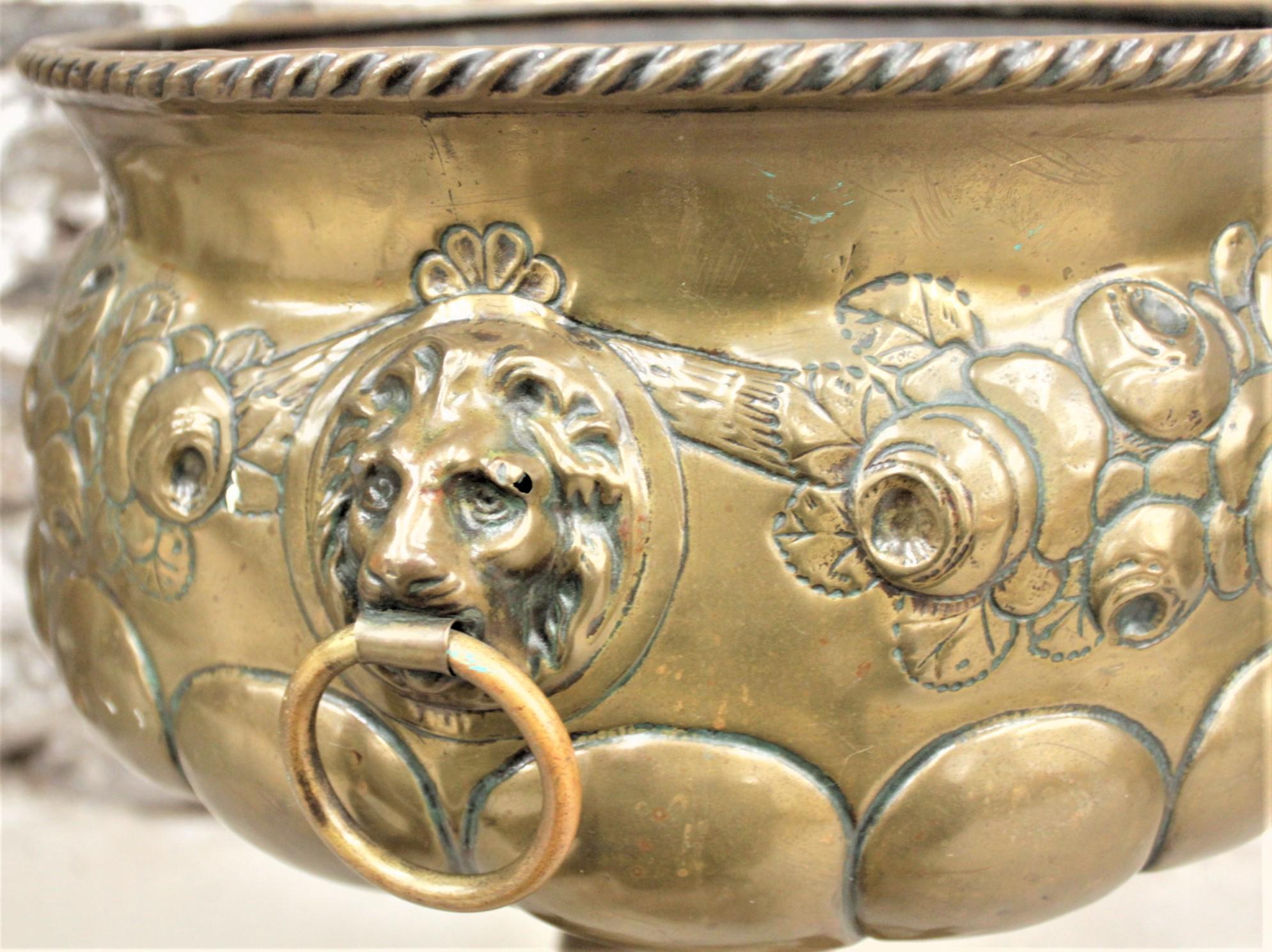 19th Century Antique Brass Pedestal Planter with Ornate Floral Decoration For Sale