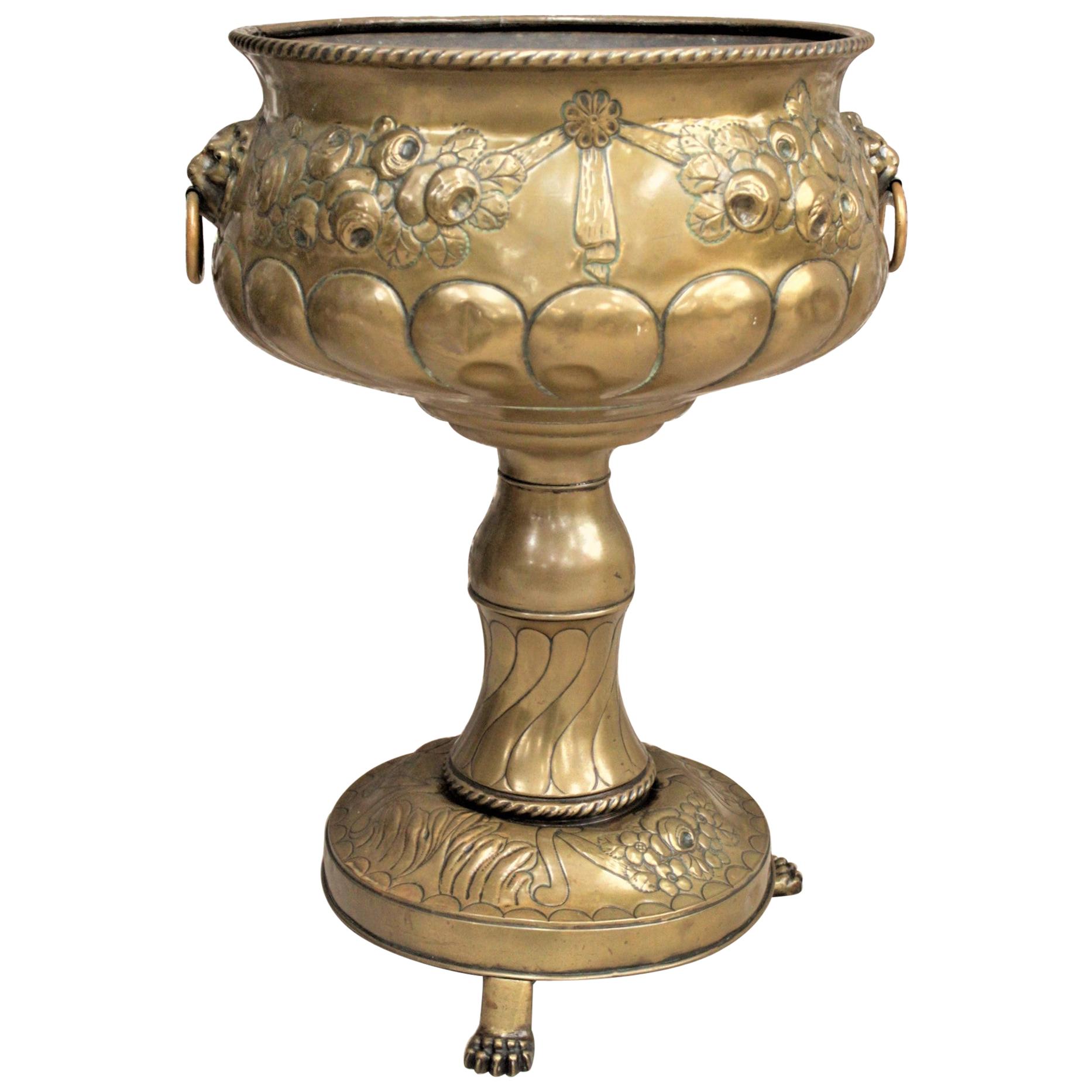Antique Brass Pedestal Planter with Ornate Floral Decoration