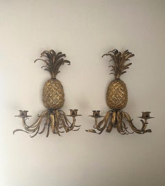Antique Brass Pineapple Wall Sconces, Early 20th Century, Unwired Pair