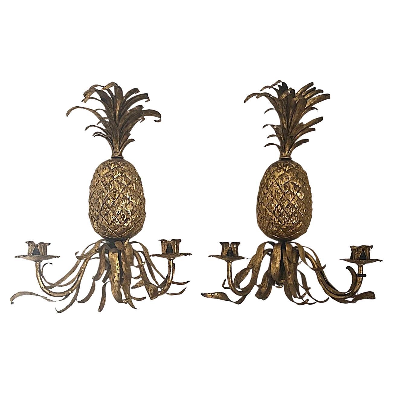 Antique Brass Pineapple Wall Sconces, Early 20th Century, Unwired Pair For Sale