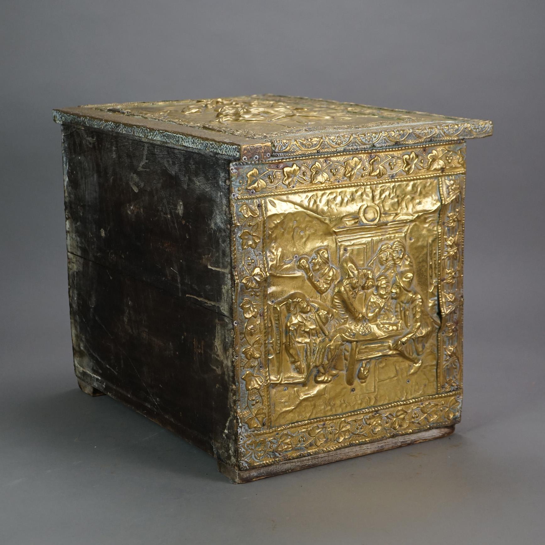 Antique Brass Plated Figural Embossed Wood Box with English Genre Scene C1890 6