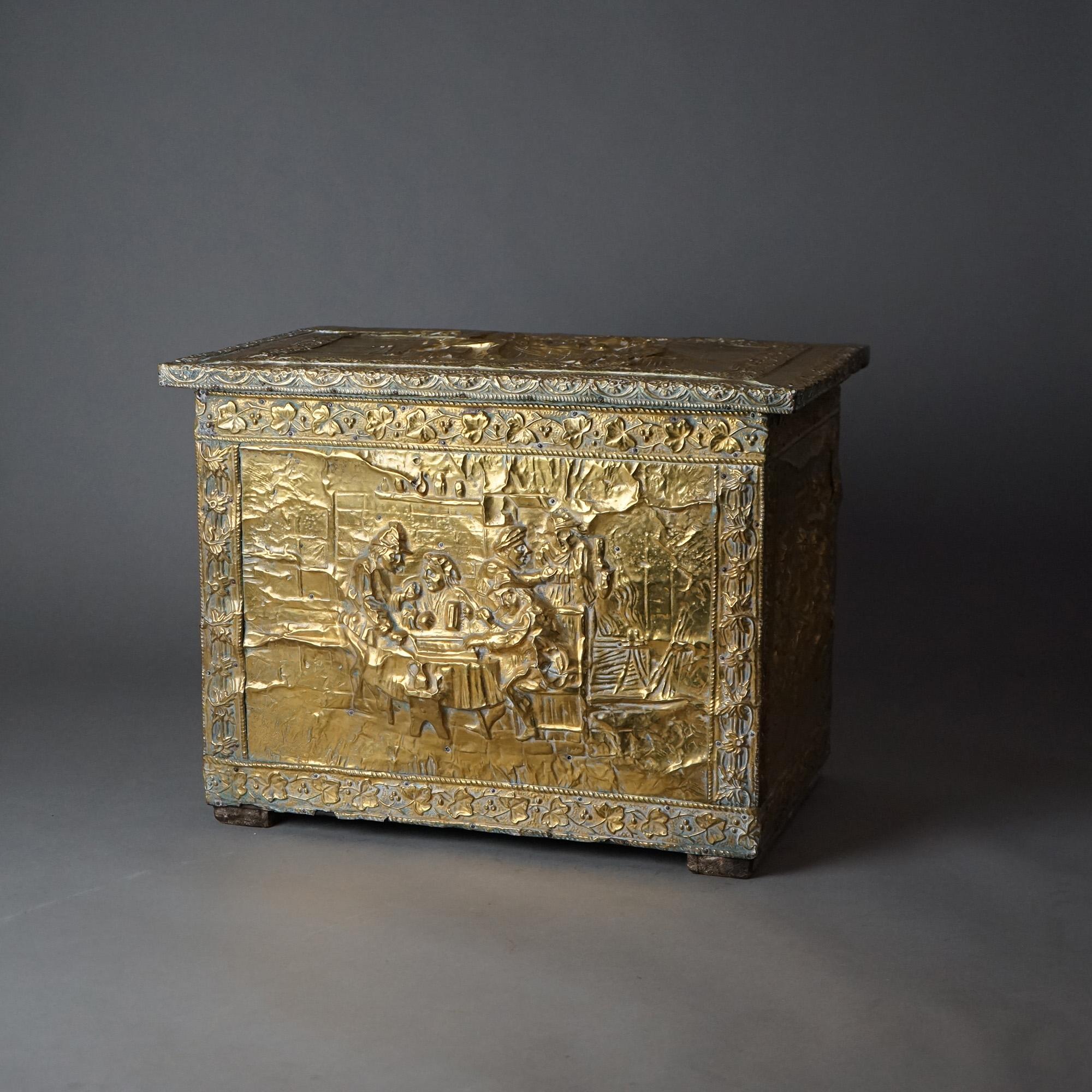 Antique Brass Plated Figural Embossed Wood Box with English Genre Tavern Scene C1890

Measures - 15