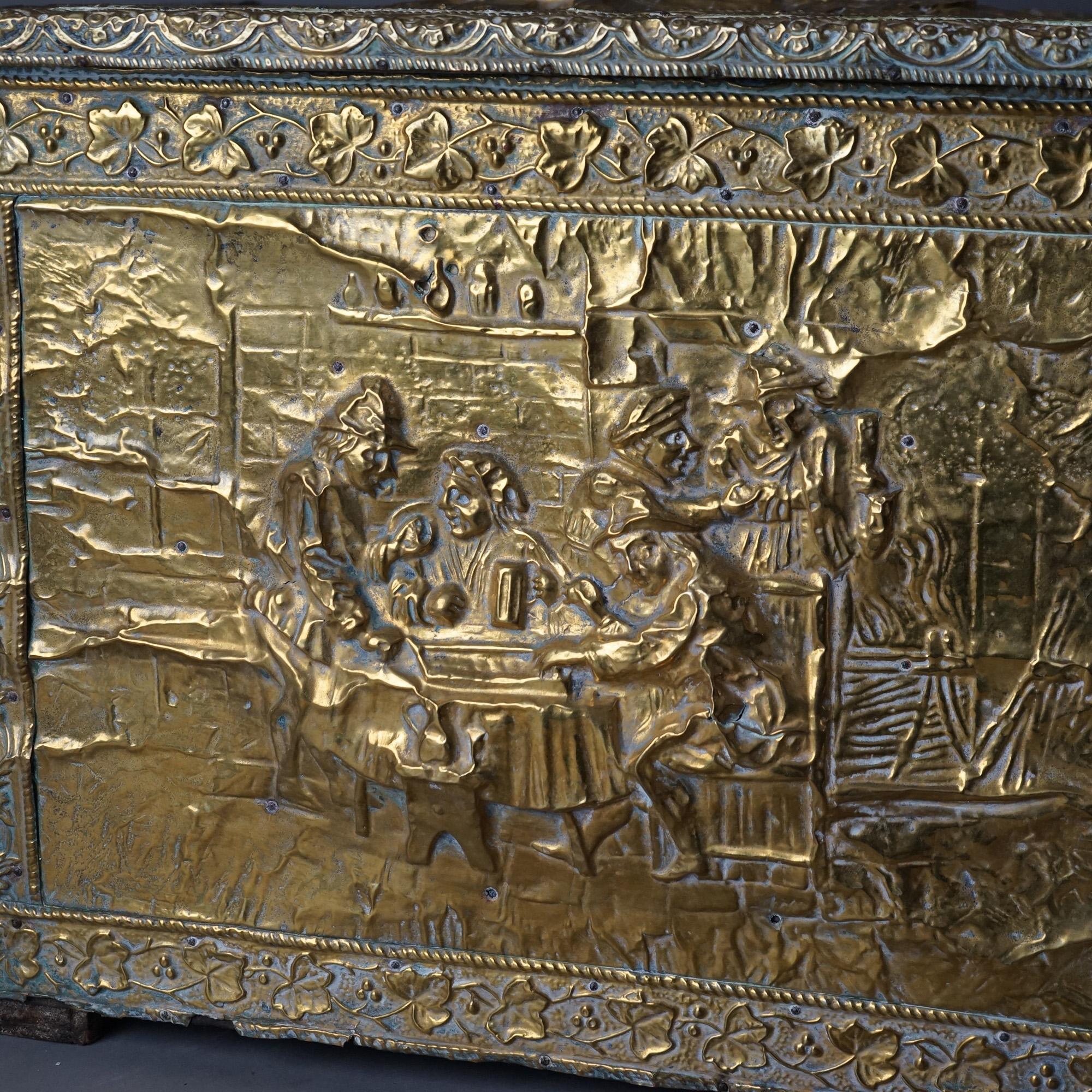 Antique Brass Plated Figural Embossed Wood Box with English Genre Scene C1890 In Good Condition In Big Flats, NY