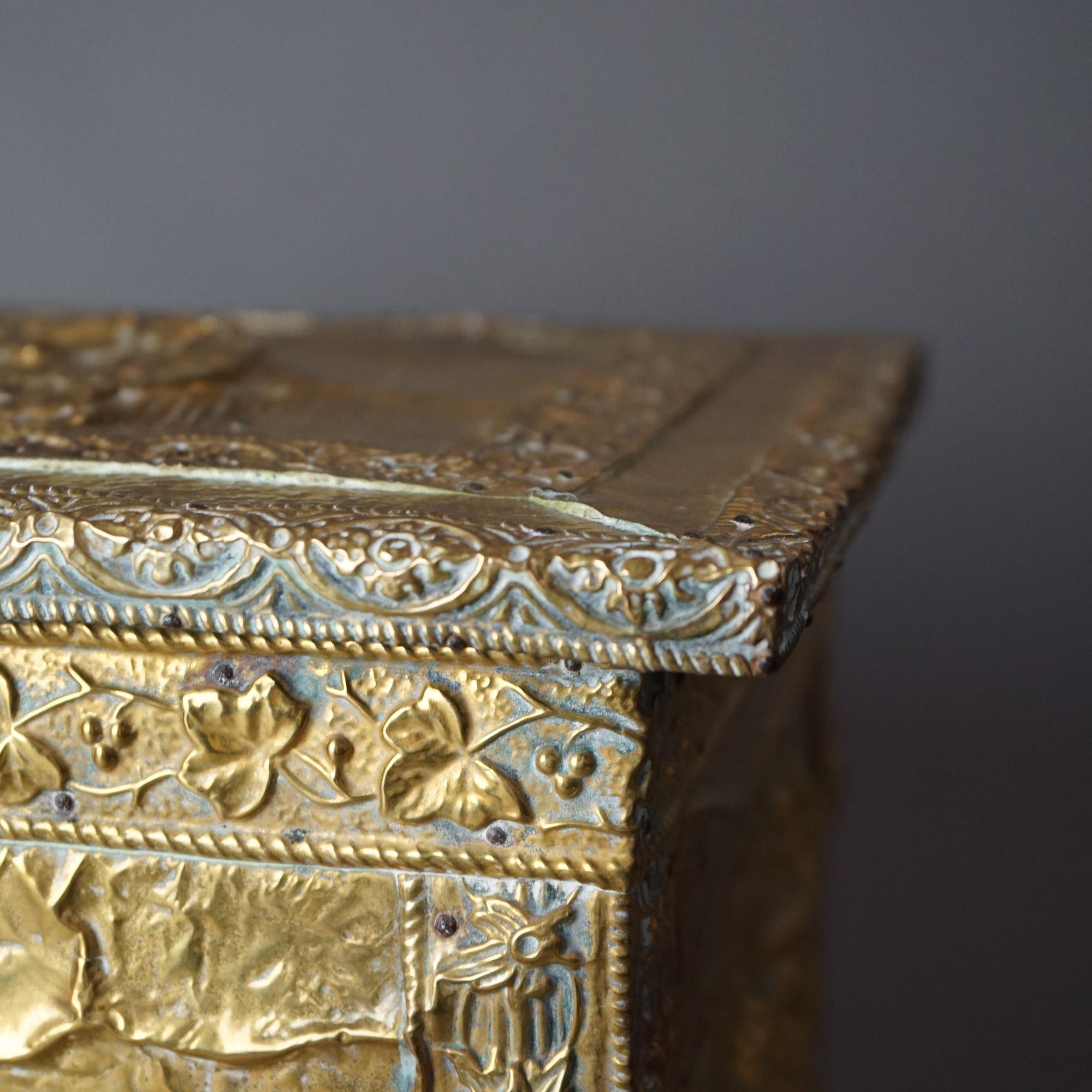 19th Century Antique Brass Plated Figural Embossed Wood Box with English Genre Scene C1890