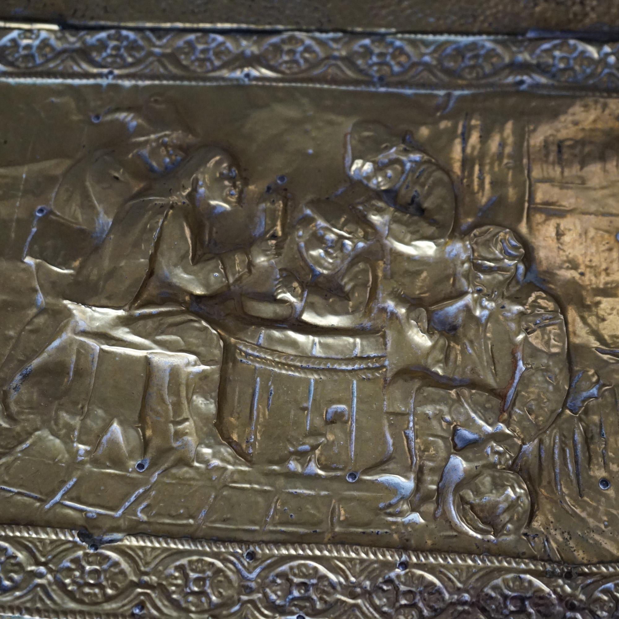 Antique Brass Plated Figural Embossed Wood Box with English Genre Scene C1890 1