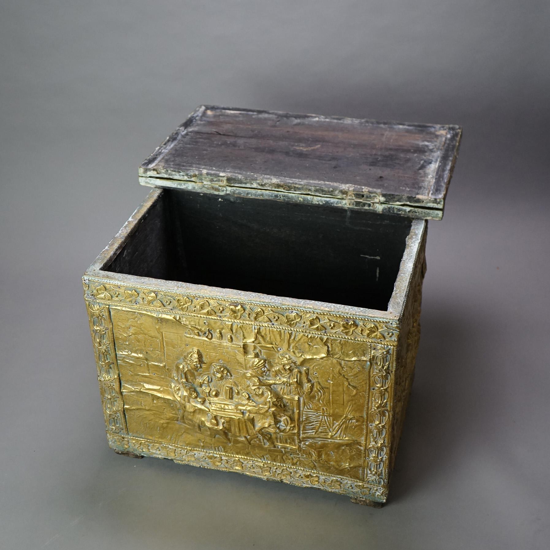Antique Brass Plated Figural Embossed Wood Box with English Genre Scene C1890 2