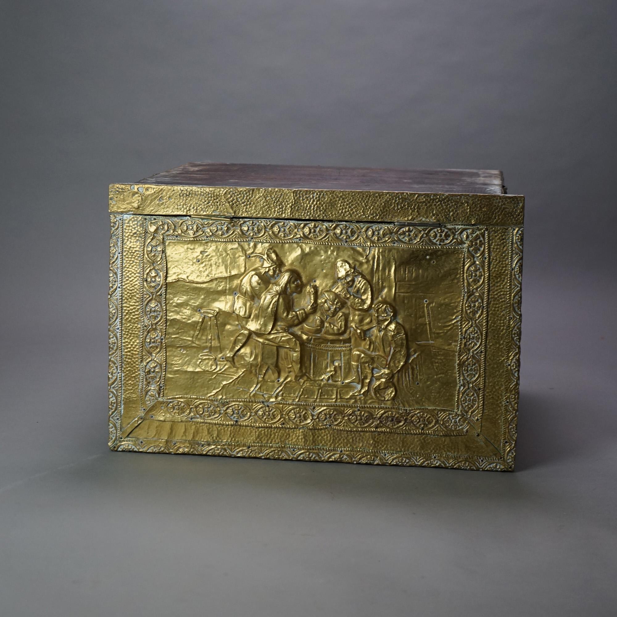Antique Brass Plated Figural Embossed Wood Box with English Genre Scene C1890 3