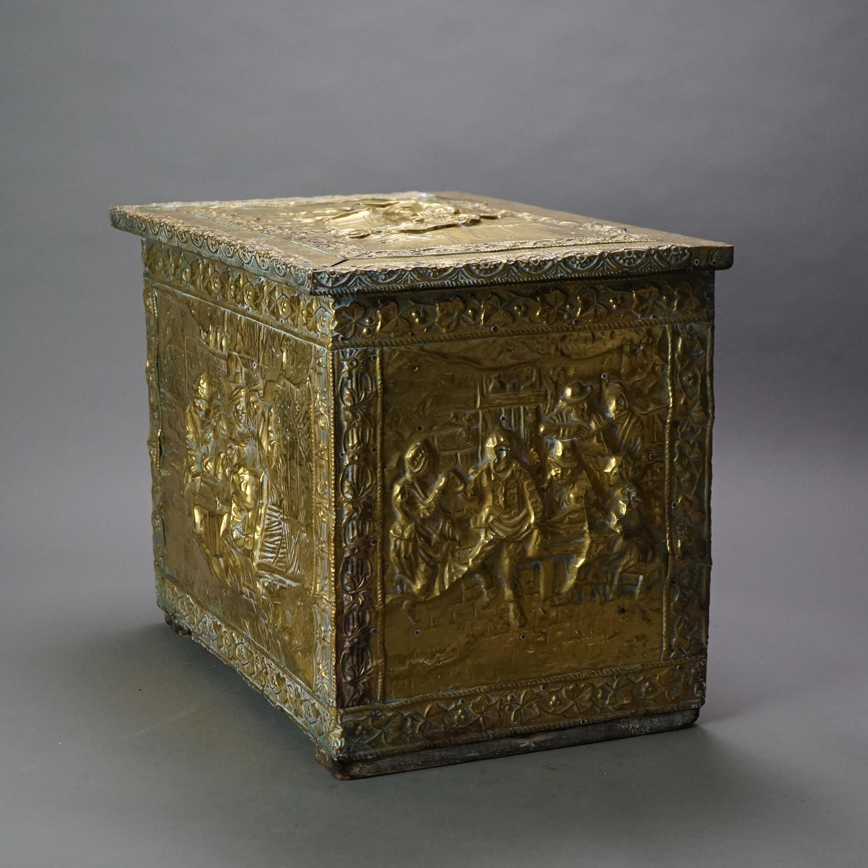 Antique Brass Plated Figural Embossed Wood Box with English Genre Scene C1890 4