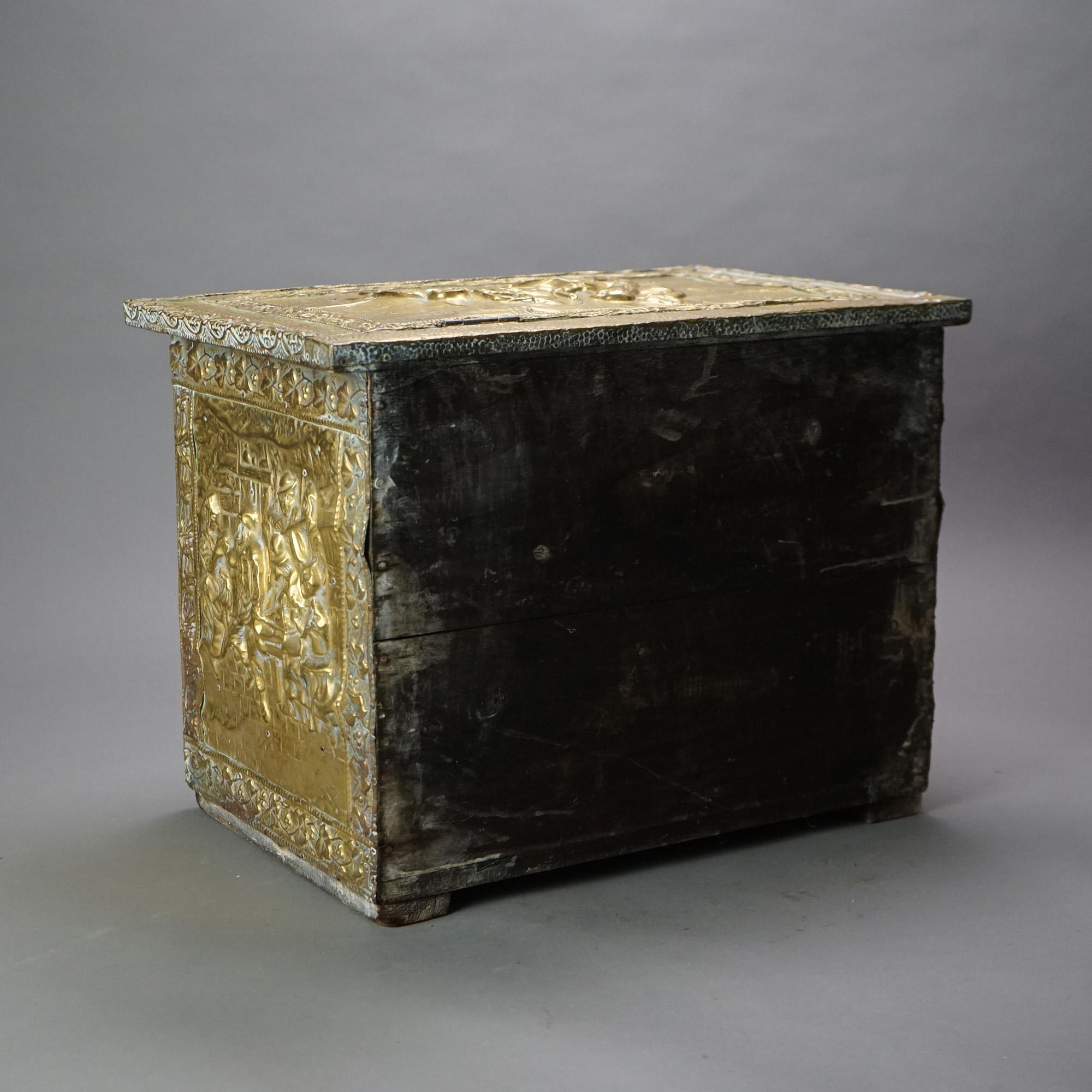 Antique Brass Plated Figural Embossed Wood Box with English Genre Scene C1890 5