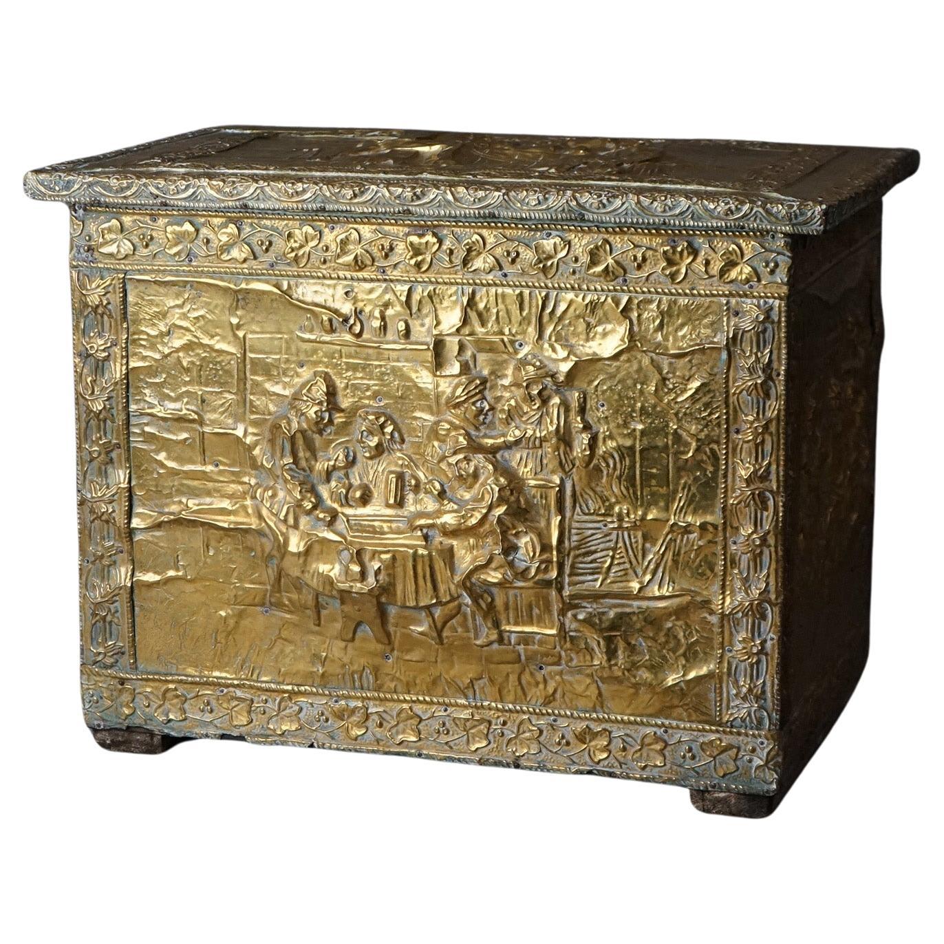 Antique Brass Plated Figural Embossed Wood Box with English Genre Scene C1890
