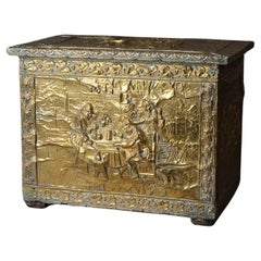 Antique Brass Plated Figural Embossed Wood Box with English Genre Scene C1890