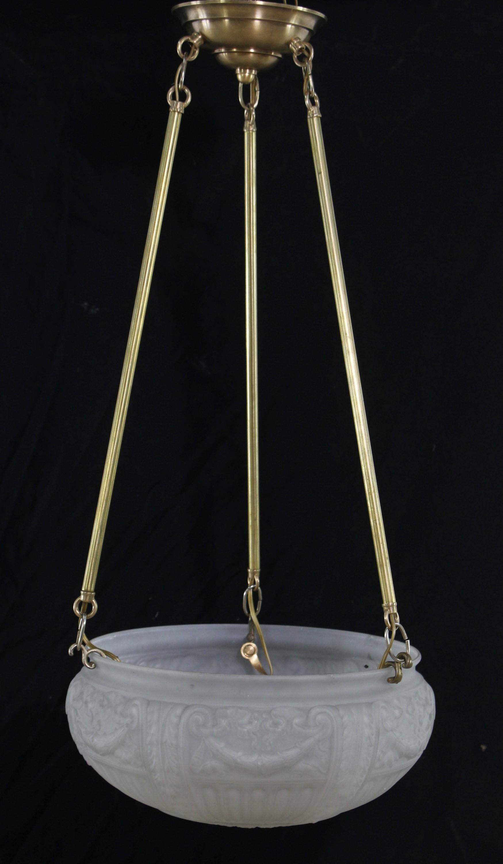 American Antique Brass Pole Frosted Cast Glass Dish Pendant Light For Sale