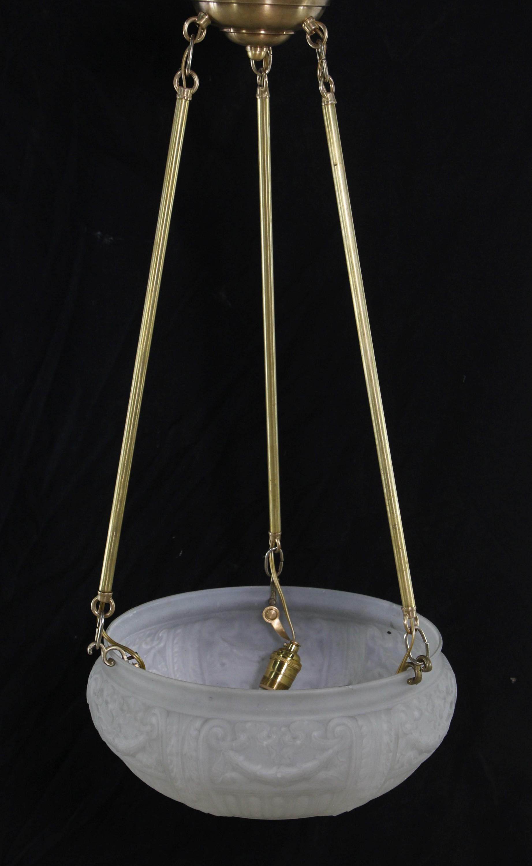Antique Brass Pole Frosted Cast Glass Dish Pendant Light In Good Condition For Sale In New York, NY