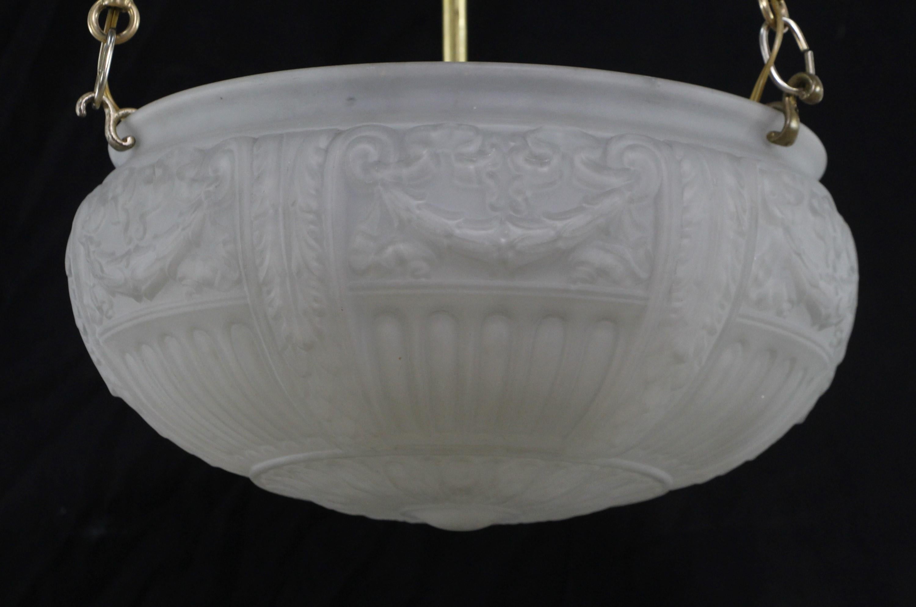20th Century Antique Brass Pole Frosted Cast Glass Dish Pendant Light For Sale