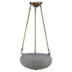 Vintage Brass Pole Frosted Cast Glass Dish Pendant Light