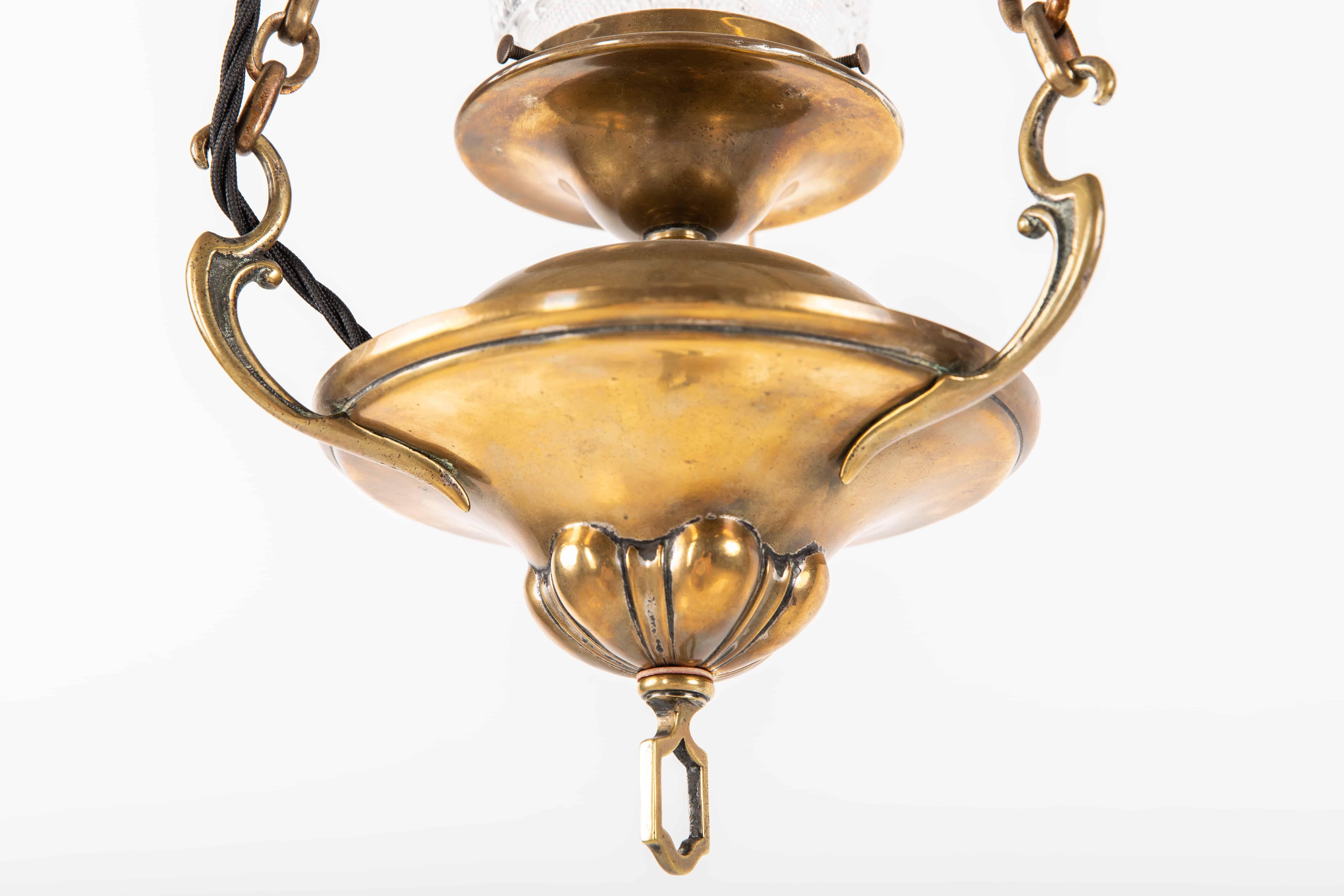 English Antique Brass Prismatic Cut Glass Sanctuary Pendant Light, C.1910
