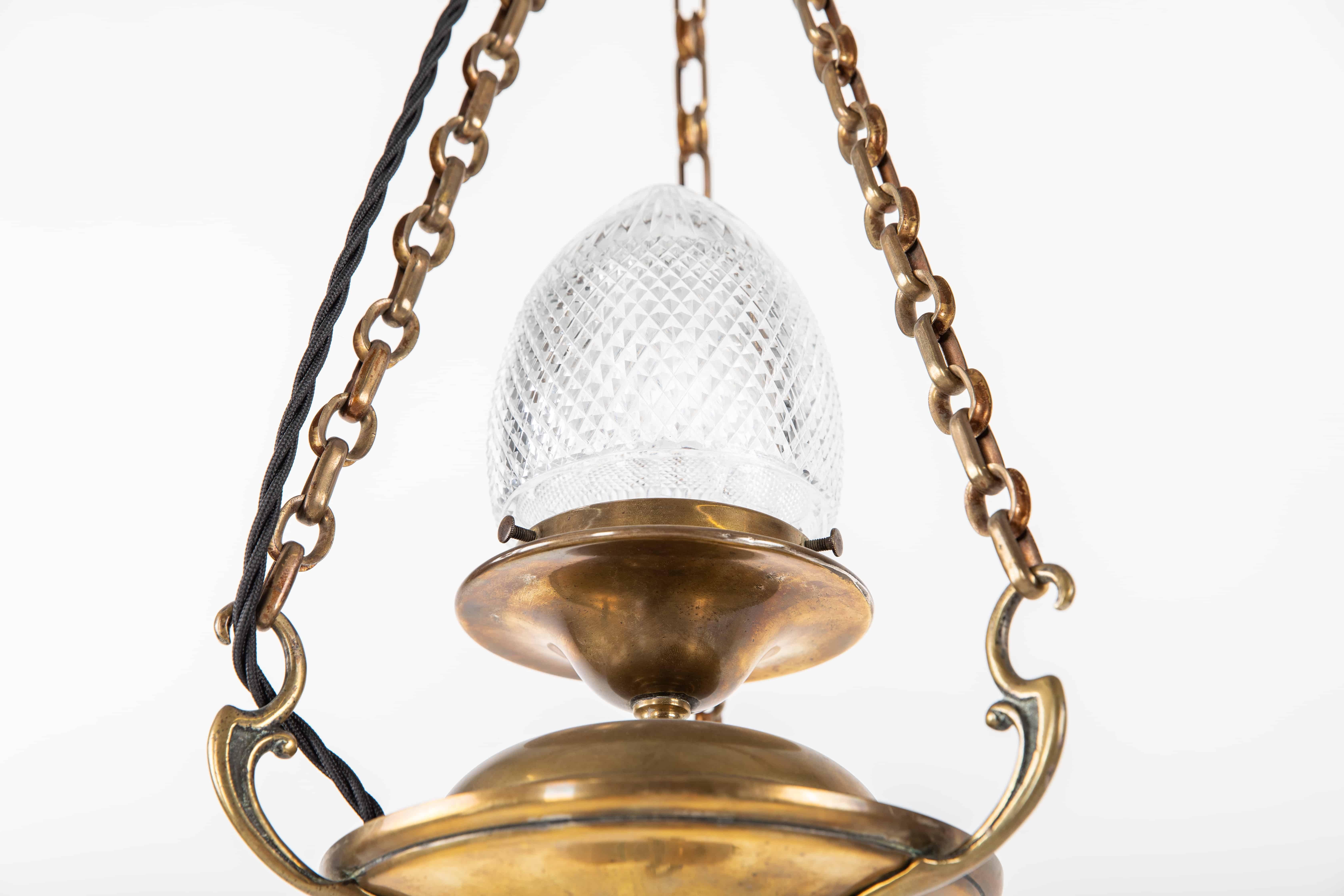 Antique Brass Prismatic Cut Glass Sanctuary Pendant Light, C.1910 In Good Condition In London, GB