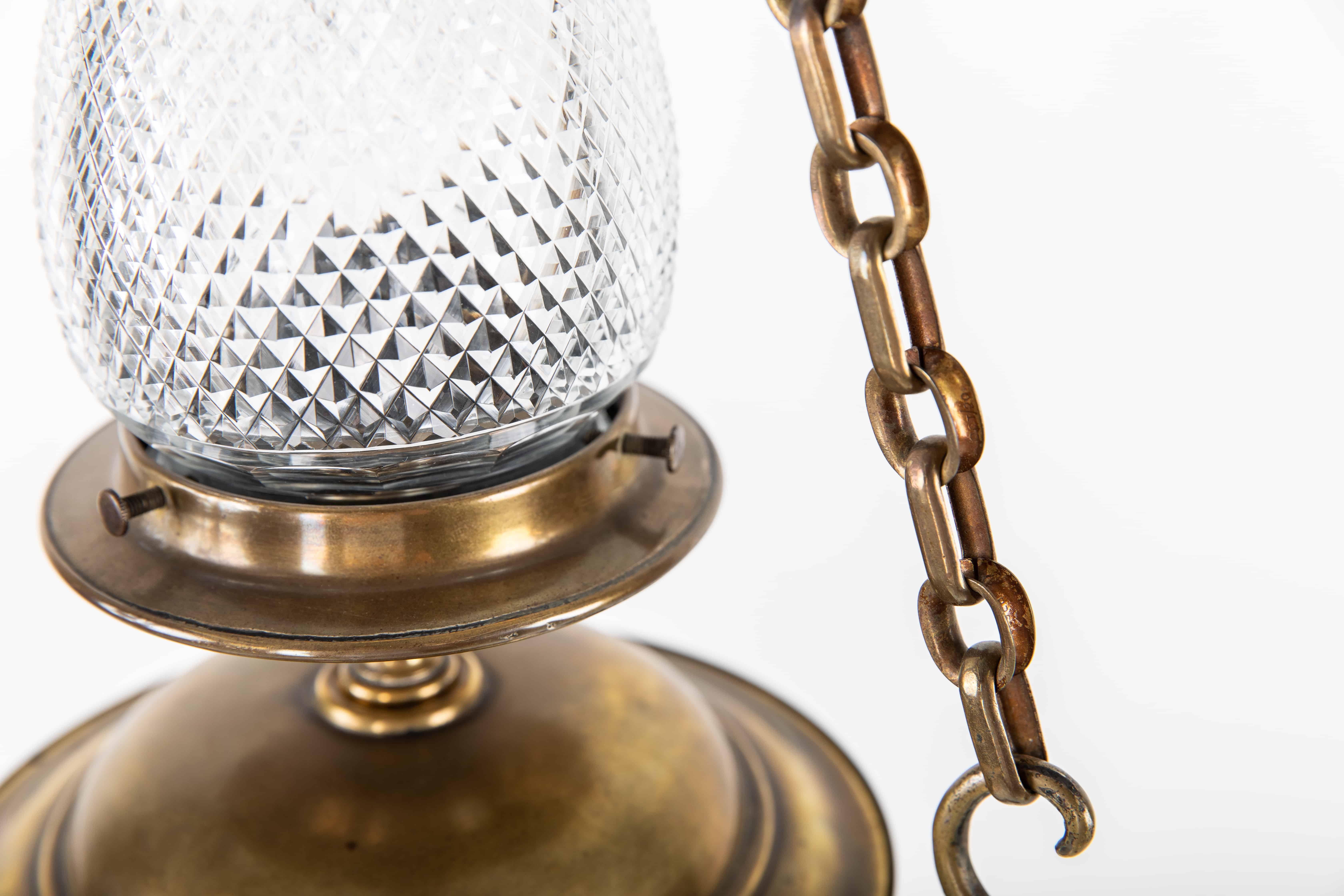 Early 20th Century Antique Brass Prismatic Cut Glass Sanctuary Pendant Light, C.1910