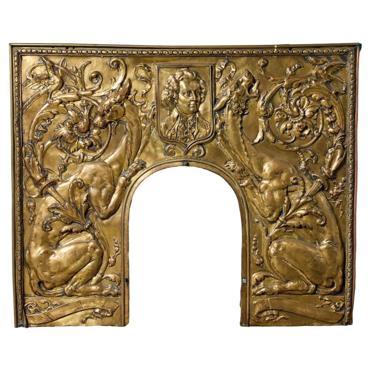 Antique Brass Repousse Fire Insert For Sale
