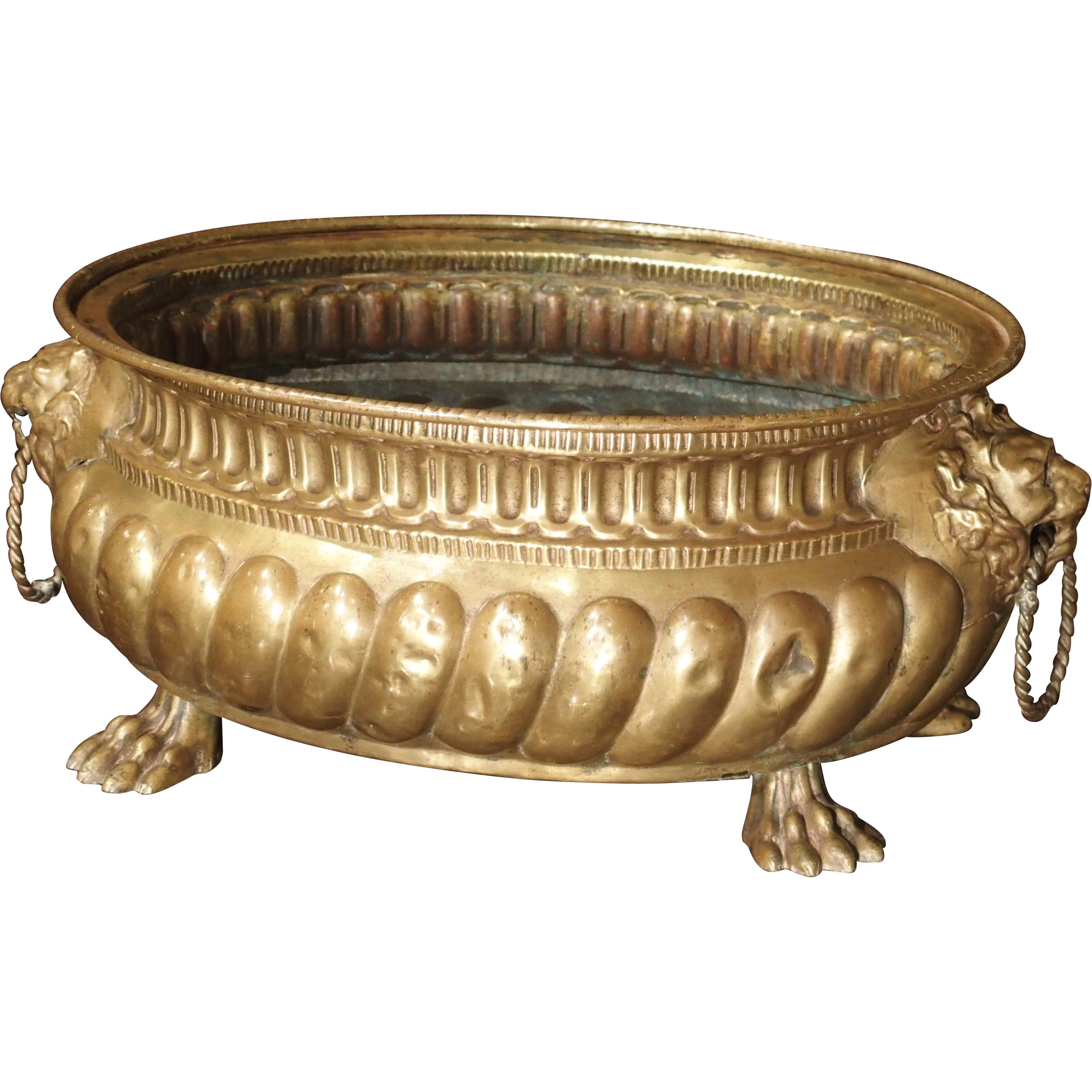 Antique Brass Repousse Jardinière from France, circa 1860