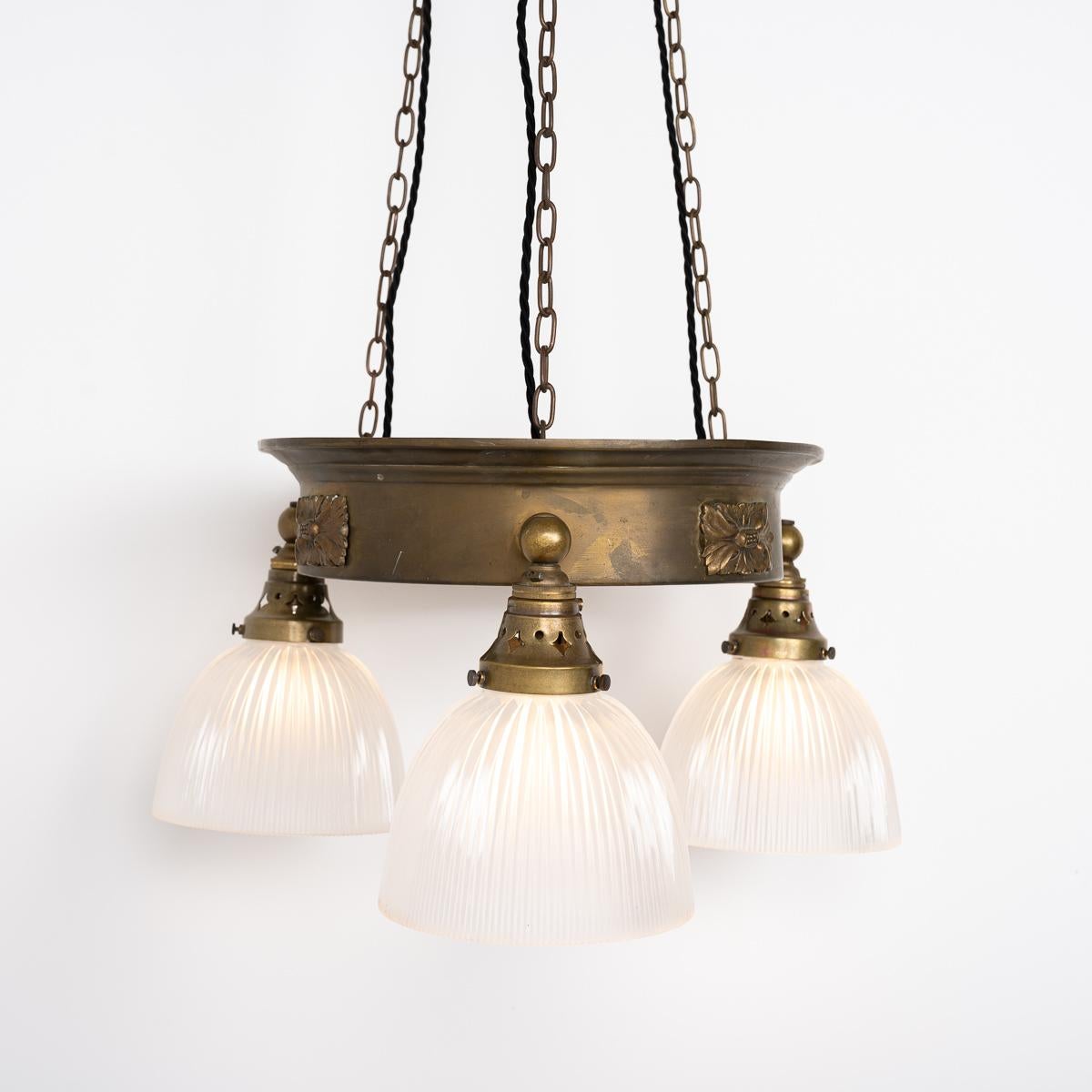 Antique Brass Ring Chandelier with Frosted Holophane Glass Shades by GEC For Sale 4