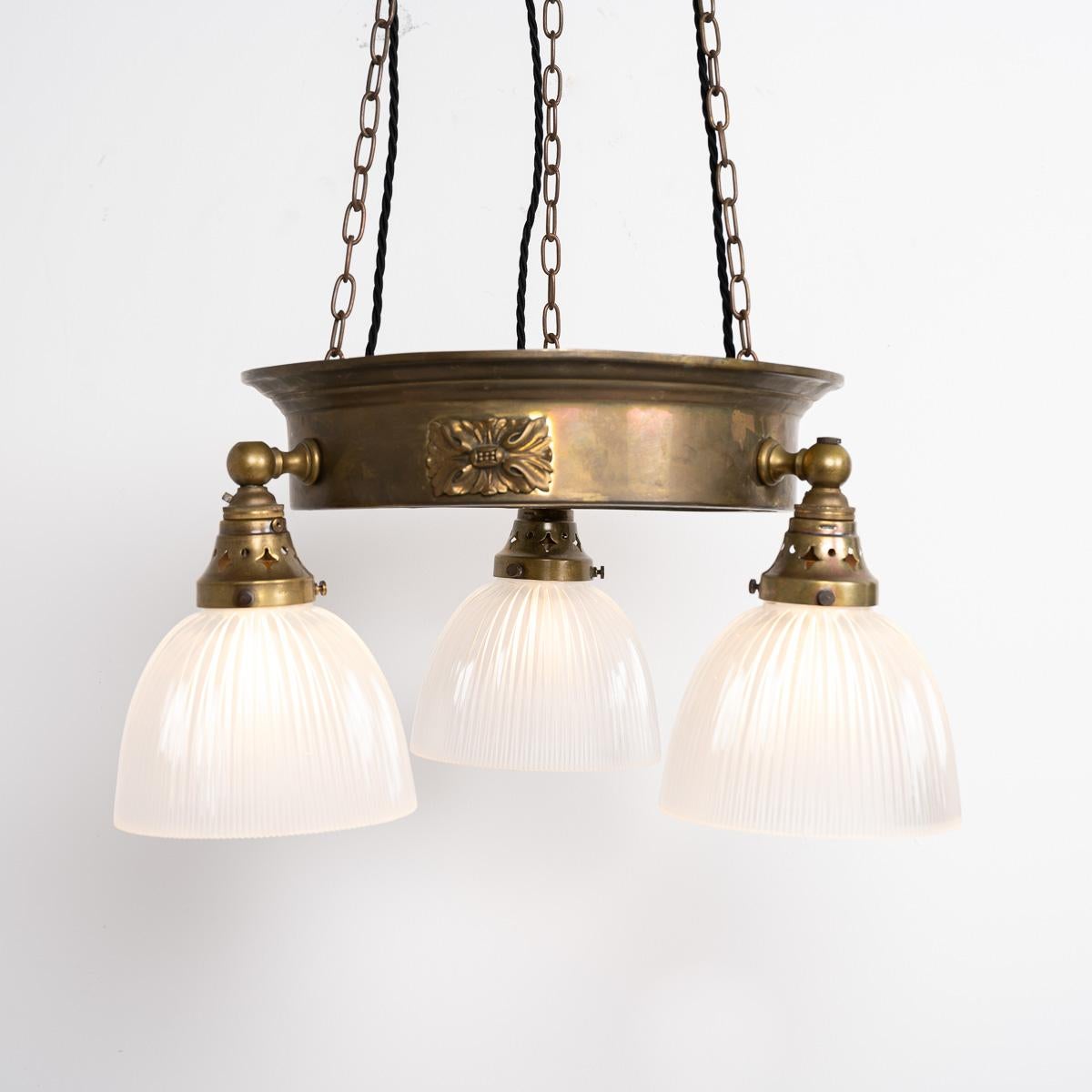 Hand-Crafted Antique Brass Ring Chandelier with Frosted Holophane Glass Shades by GEC For Sale