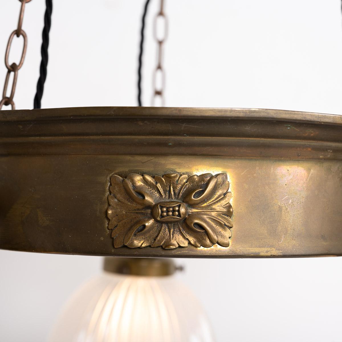 Antique Brass Ring Chandelier with Frosted Holophane Glass Shades by GEC In Good Condition For Sale In Nottingham, GB