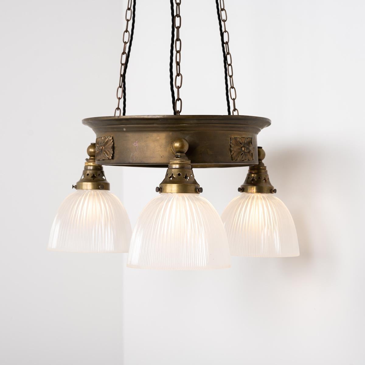 Antique Brass Ring Chandelier with Frosted Holophane Glass Shades by GEC For Sale