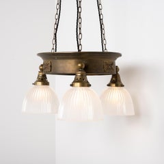 Used Brass Ring Chandelier with Frosted Holophane Glass Shades by GEC