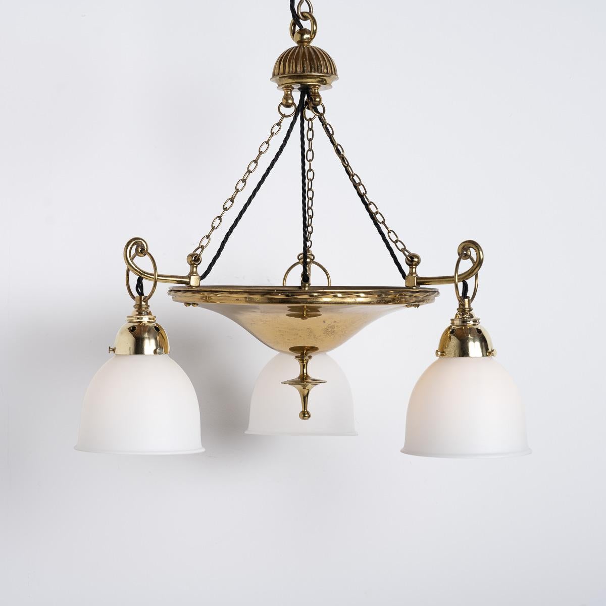 Industrial Antique Brass Ring Chandelier with Satin Opaline Glass Shades by GEC