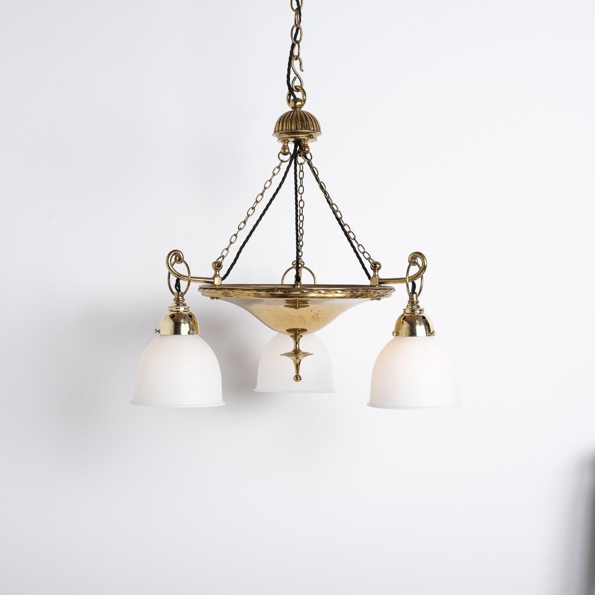 English Antique Brass Ring Chandelier with Satin Opaline Glass Shades by GEC