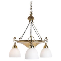 Antique Brass Ring Chandelier with Satin Opaline Glass Shades by GEC