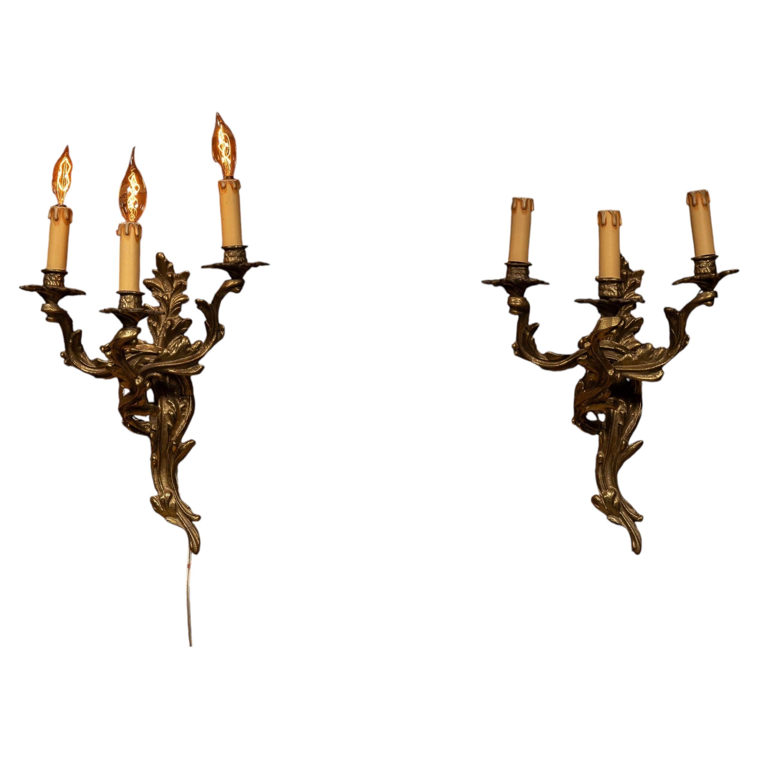 Antique Brass Rococo Revival Three-Light Wall Sconces For Sale