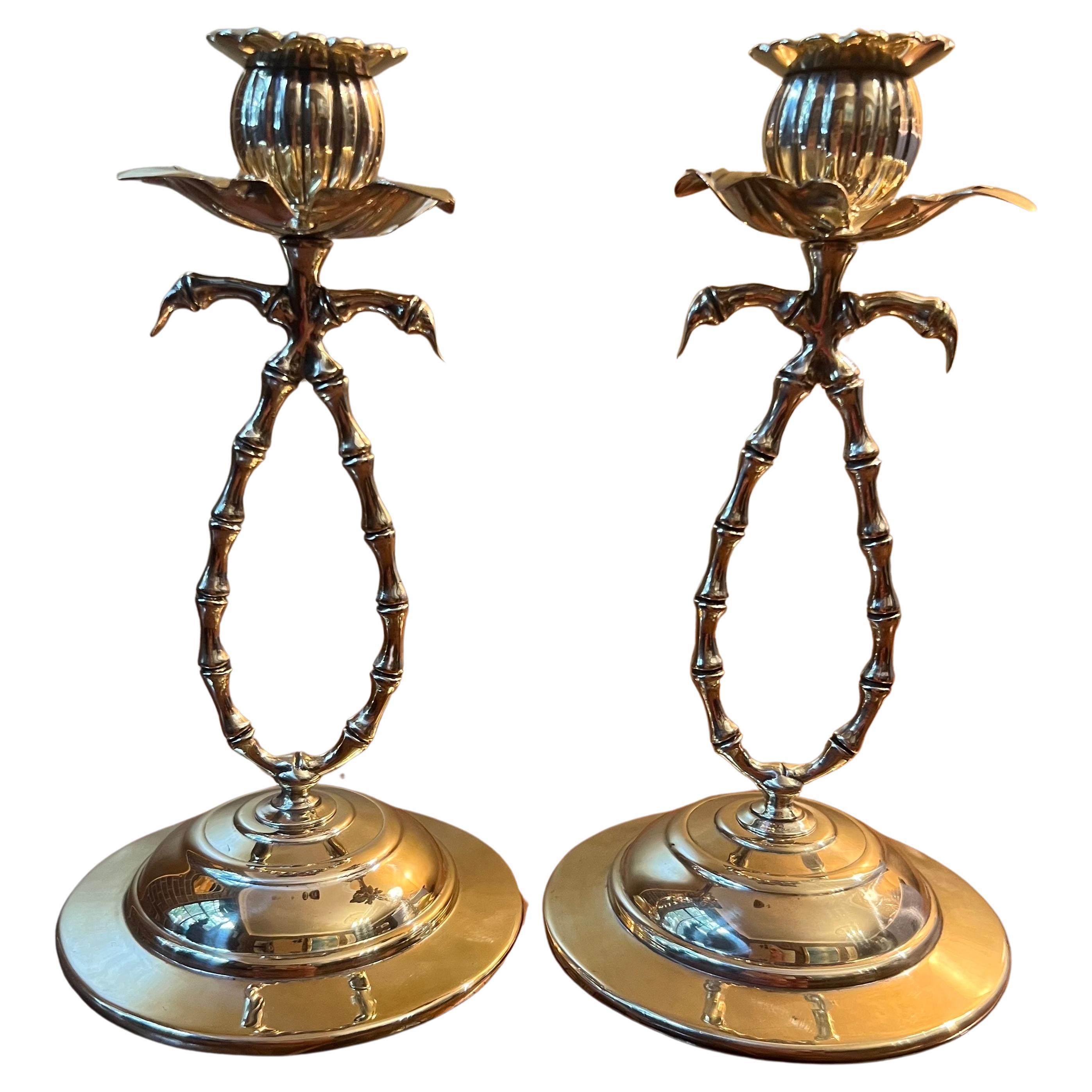 Antique Brass Rose Style Candlesticks Pair For Sale
