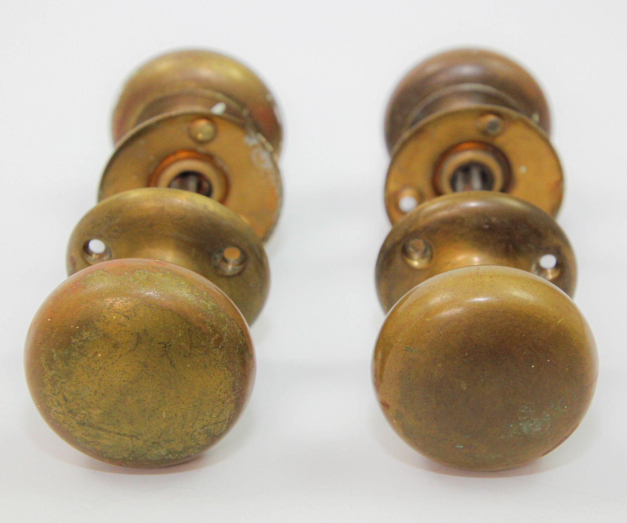 English Antique Brass Round Passage Door Knobs Set of 2 England 1920s For Sale