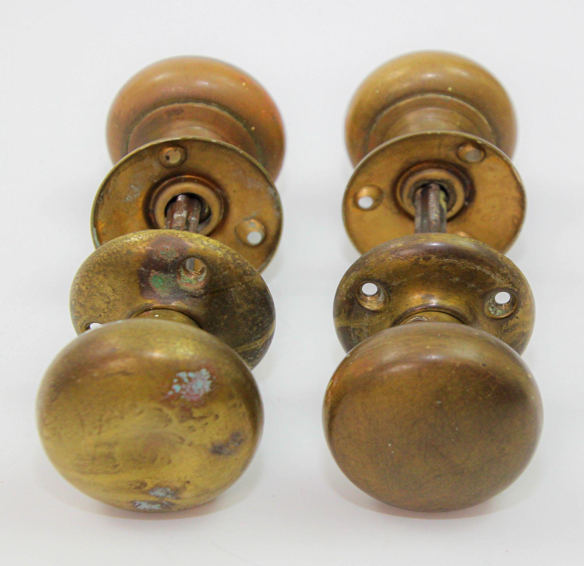 Hand-Crafted Antique Brass Round Passage Door Knobs Set of 2 England 1920s For Sale