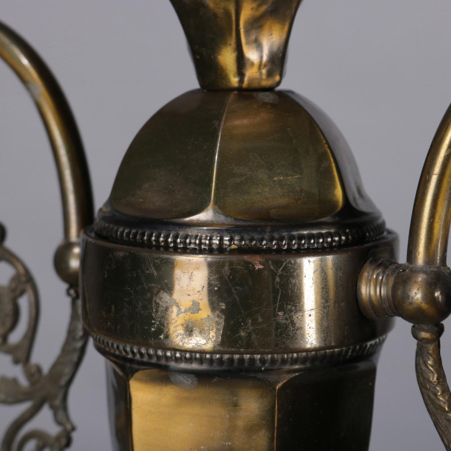 Antique Brass & Satin Glass 2-Light Scroll & Foliate Drop Chandelier, circa 1920 4