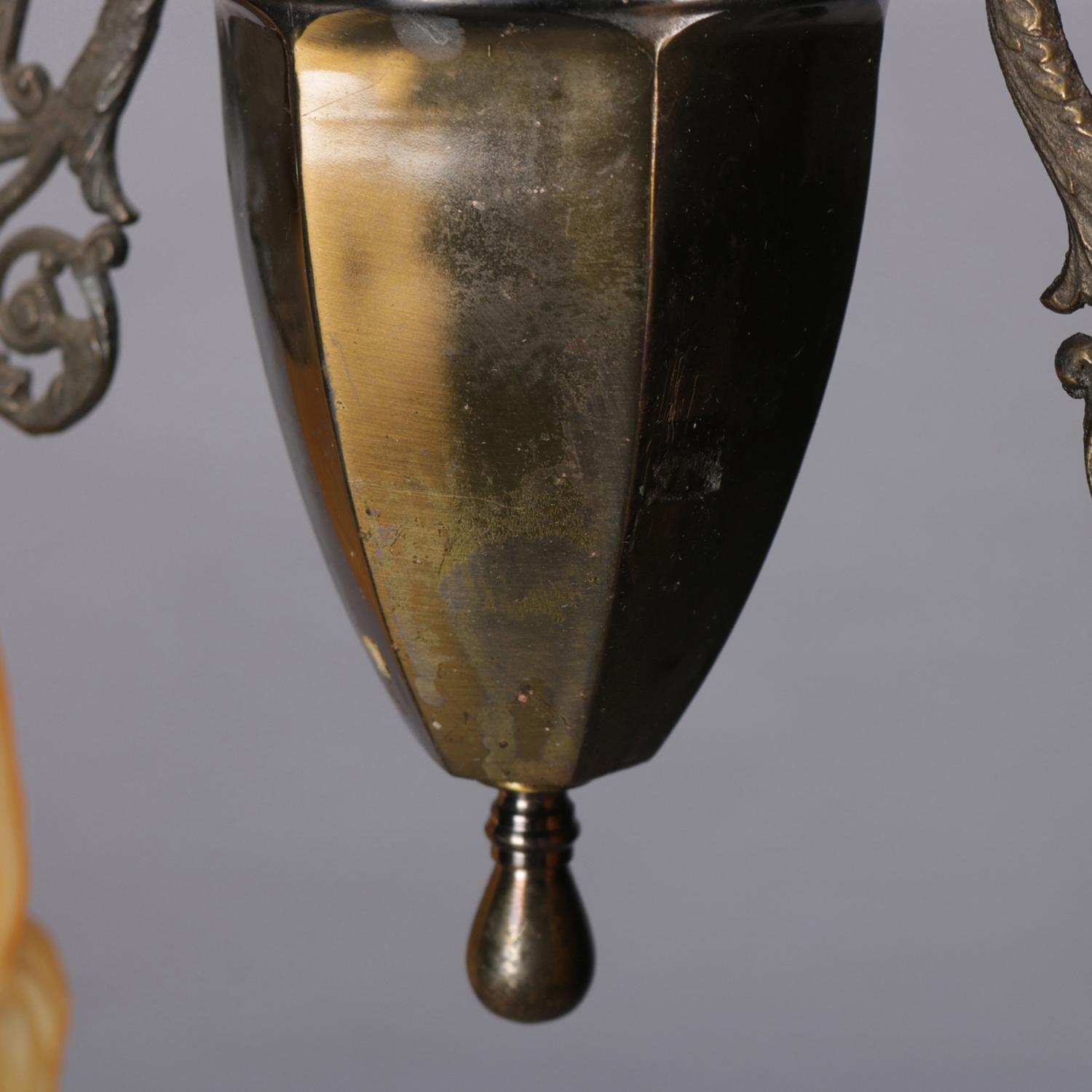 Antique Brass & Satin Glass 2-Light Scroll & Foliate Drop Chandelier, circa 1920 5
