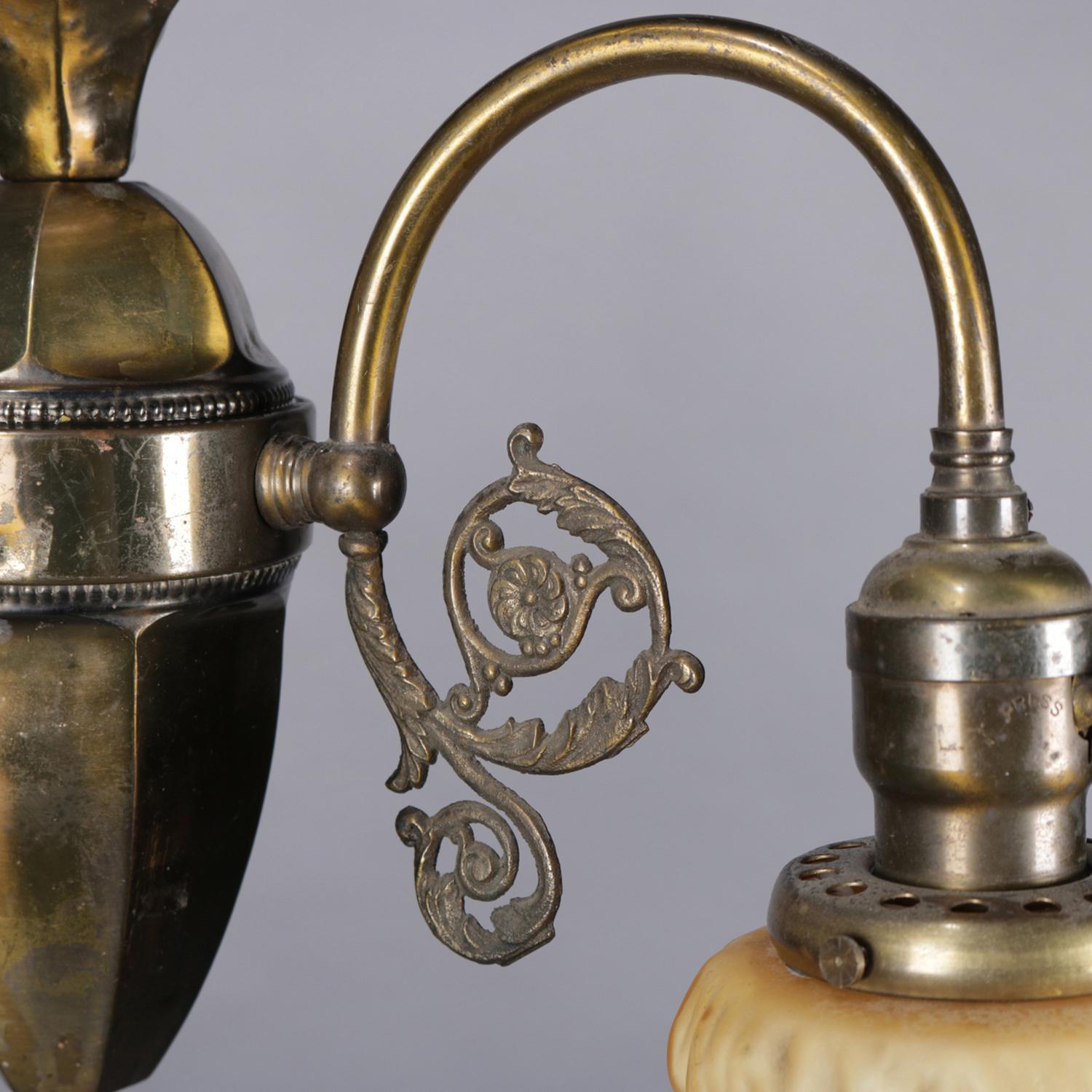Antique Brass & Satin Glass 2-Light Scroll & Foliate Drop Chandelier, circa 1920 6