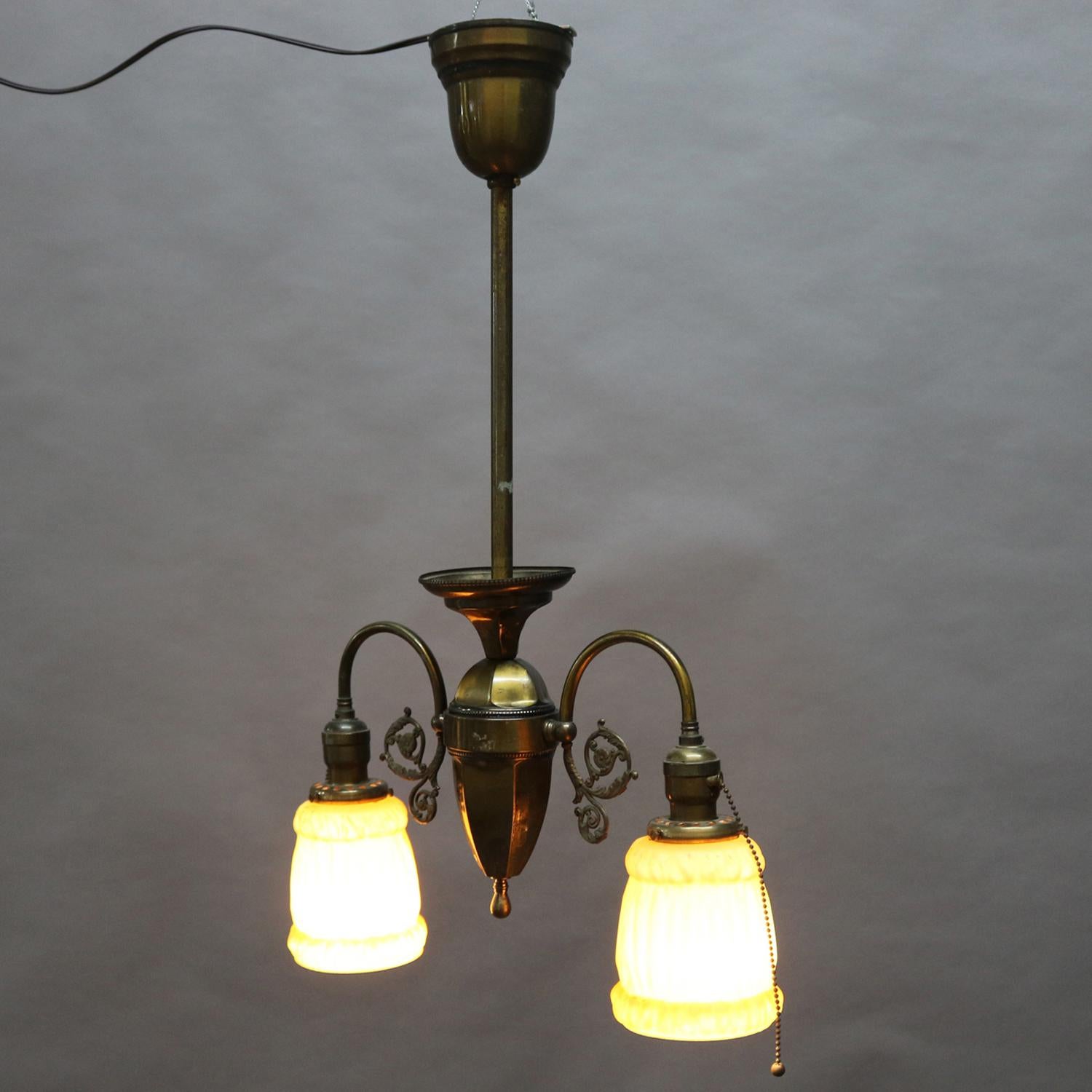 Antique Brass & Satin Glass 2-Light Scroll & Foliate Drop Chandelier, circa 1920 In Good Condition In Big Flats, NY