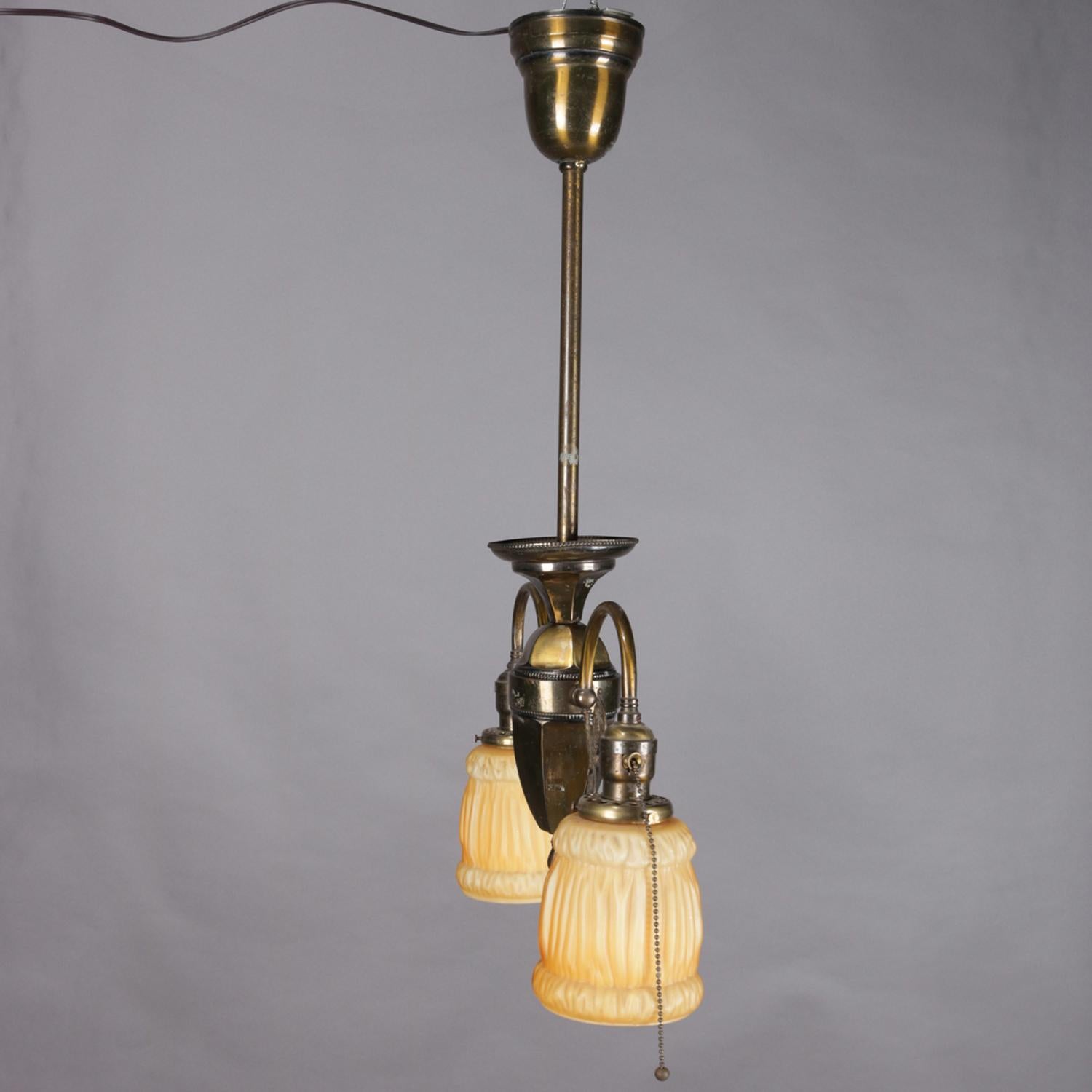 20th Century Antique Brass & Satin Glass 2-Light Scroll & Foliate Drop Chandelier, circa 1920