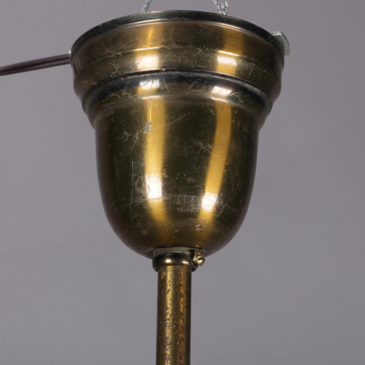 Antique Brass & Satin Glass 2-Light Scroll & Foliate Drop Chandelier, circa 1920 1