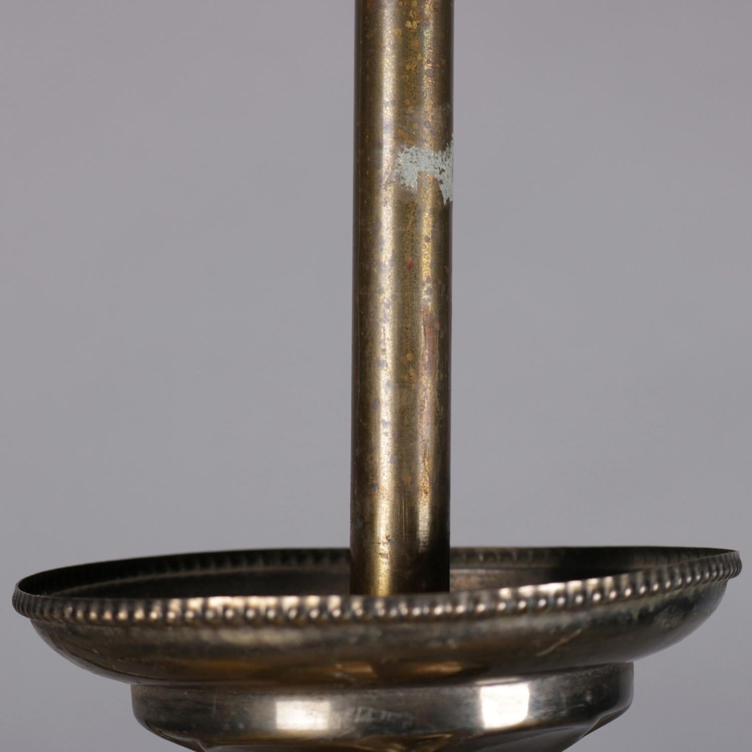 Antique Brass & Satin Glass 2-Light Scroll & Foliate Drop Chandelier, circa 1920 2