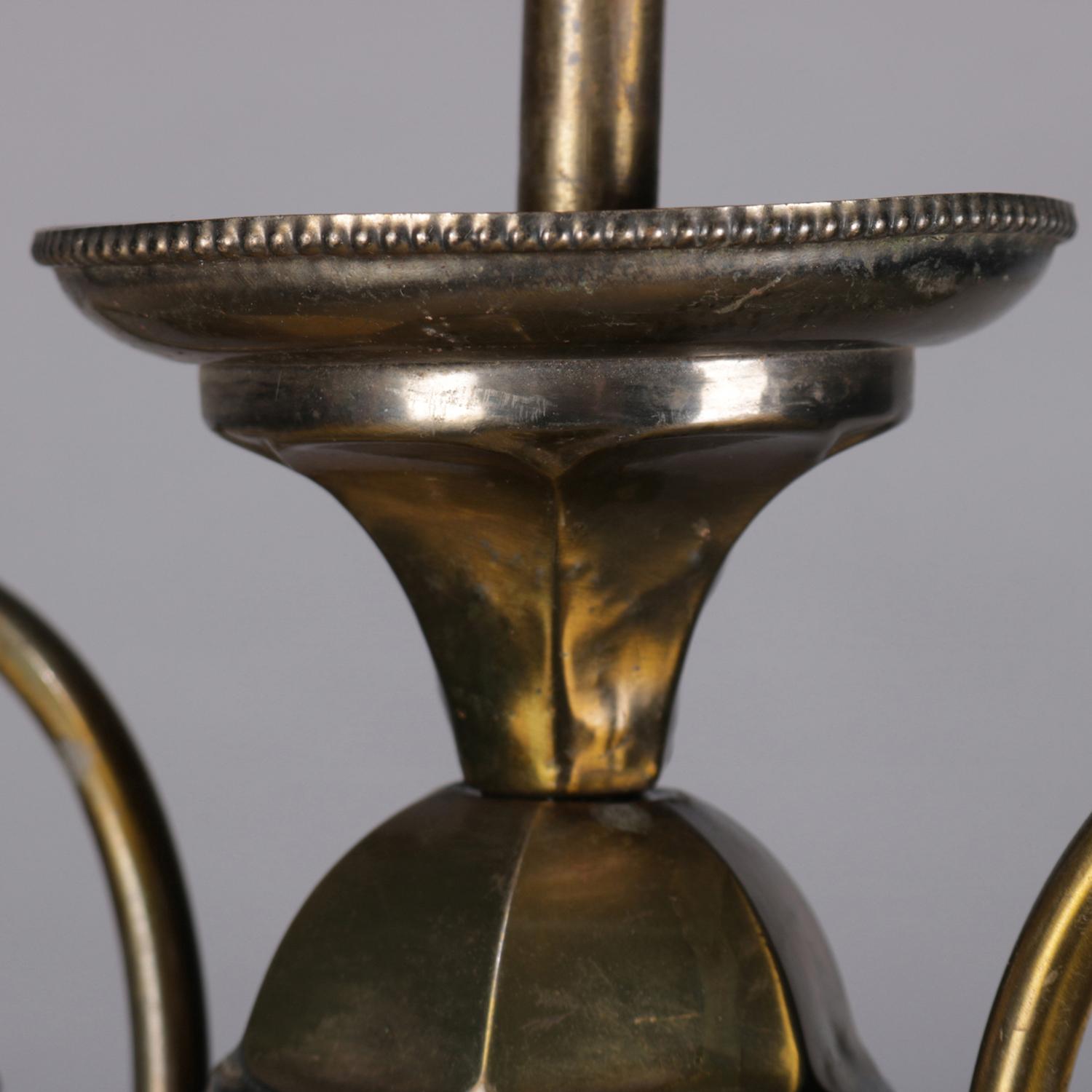 Antique Brass & Satin Glass 2-Light Scroll & Foliate Drop Chandelier, circa 1920 3