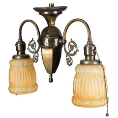 Antique Brass & Satin Glass 2-Light Scroll & Foliate Drop Chandelier, circa 1920