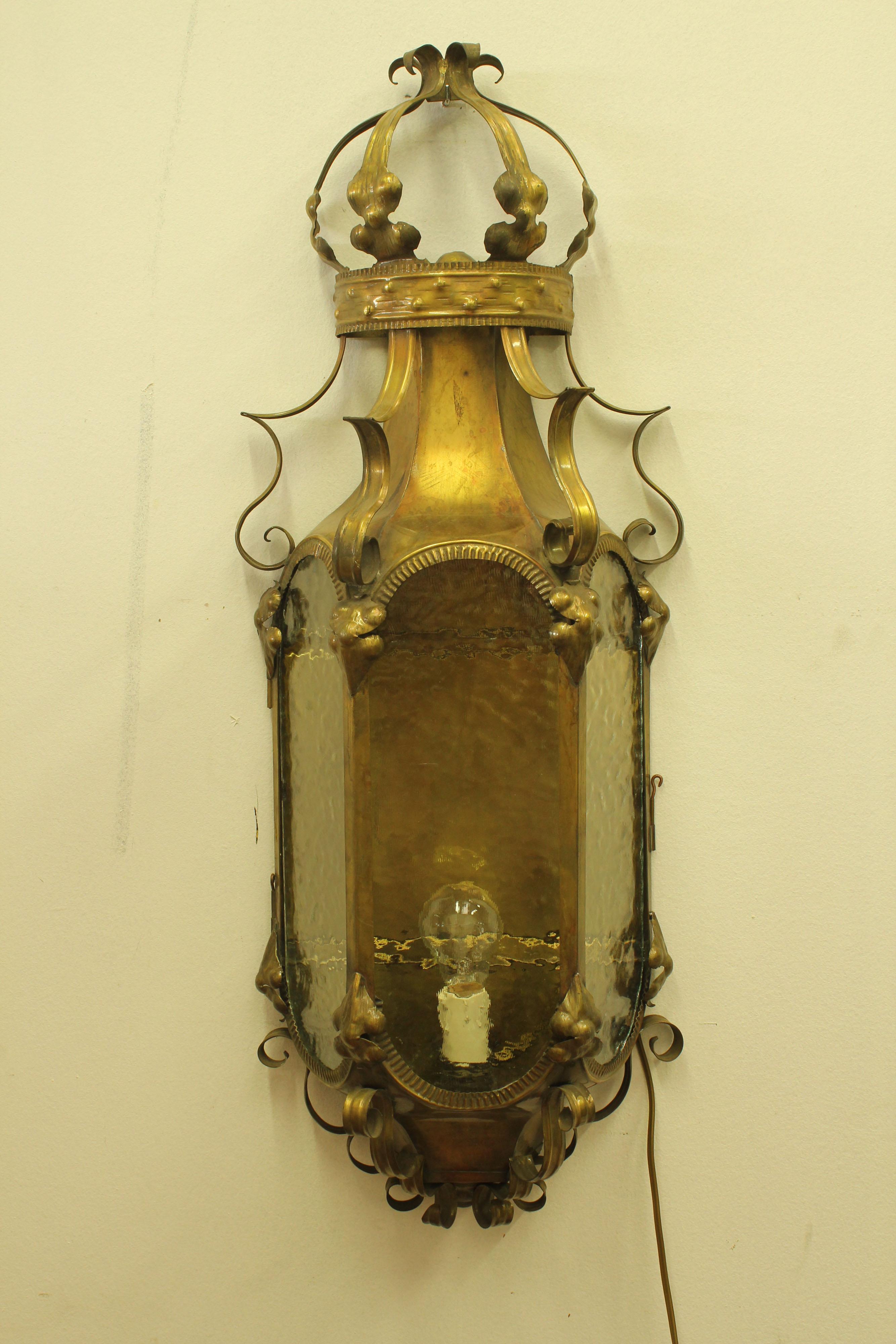 Wall-mounted brass and antique glass lantern completely regenerated and restored. European socket (up to 250V)