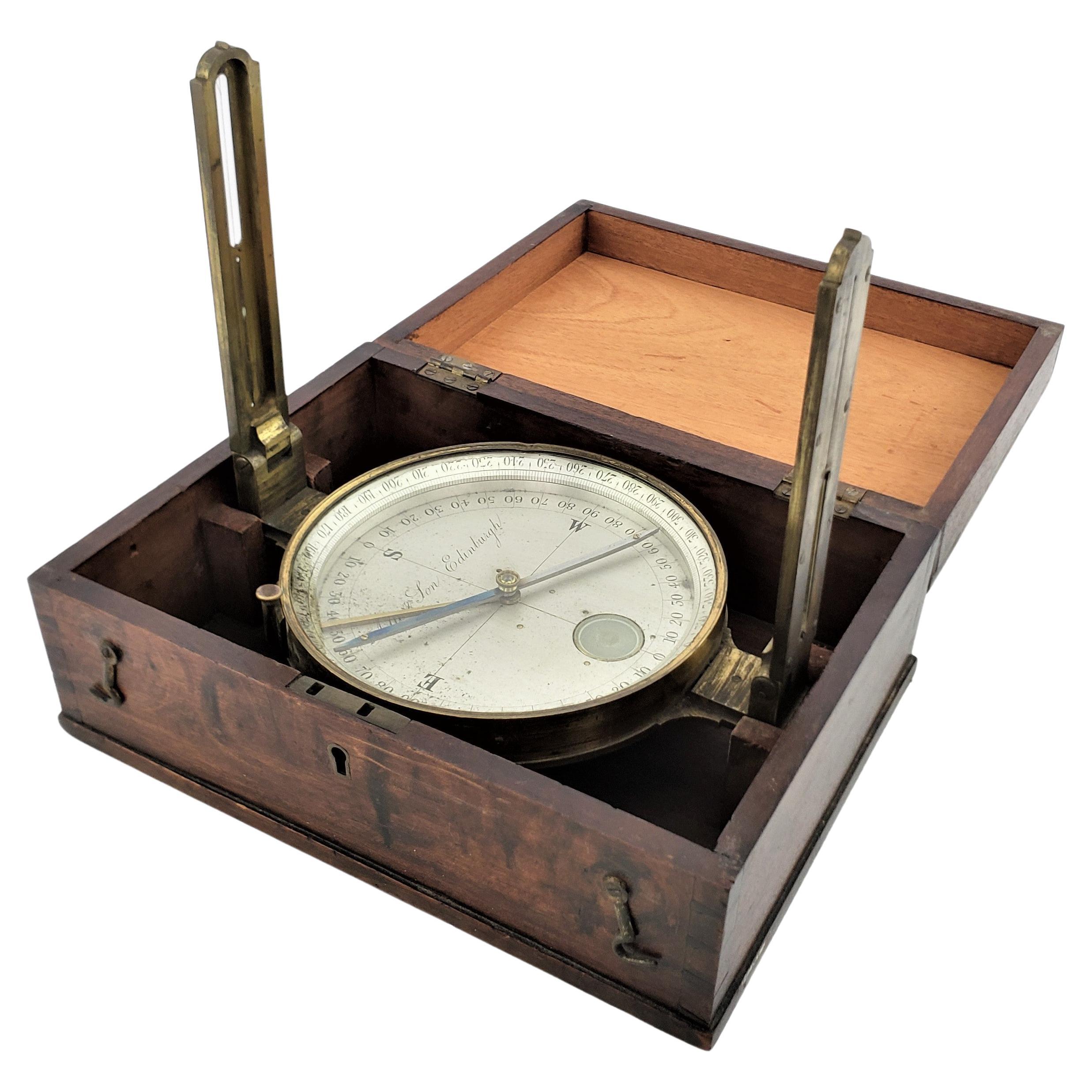 Antique Brass Scottish Surveyor's Compass in Fitted Wooden Box For Sale