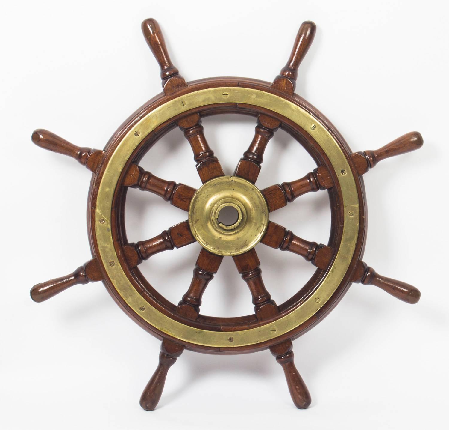 Mid-19th Century Antique Brass Set Eight Spoke Mahogany Ships Wheel, 19th Century