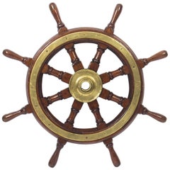 Antique Brass Set Eight Spoke Mahogany Ships Wheel, 19th Century